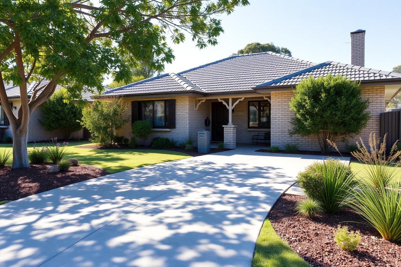 Australian suburban home with a concrete driveway and established garden beds above underground drainage